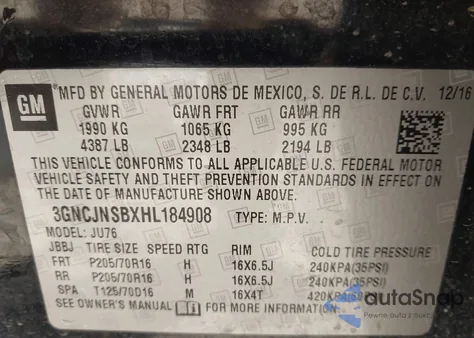 2017 Chevrolet Trax Ls из США, поврежденный, VIN 3GNCJNSBXHL184908